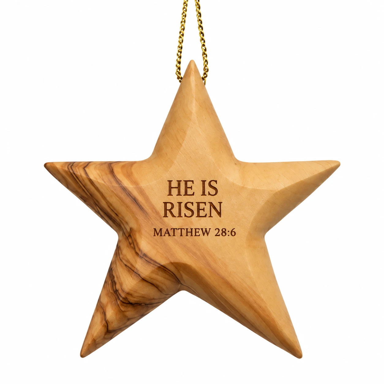 Olive wood star with gold cord, engraved "He is risen" and Matthew 28:6
