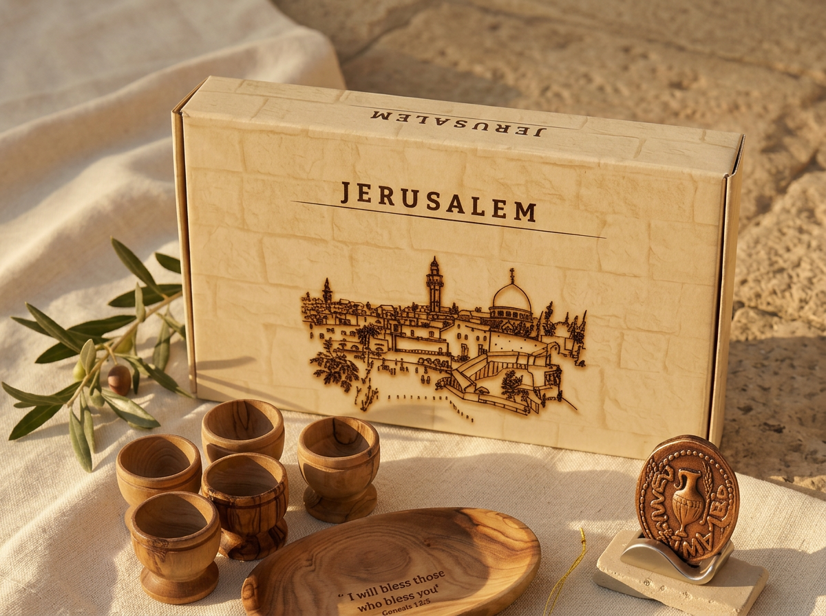 Hand-cut olive wood pieces and a box being assembled in a Holy Land workshop