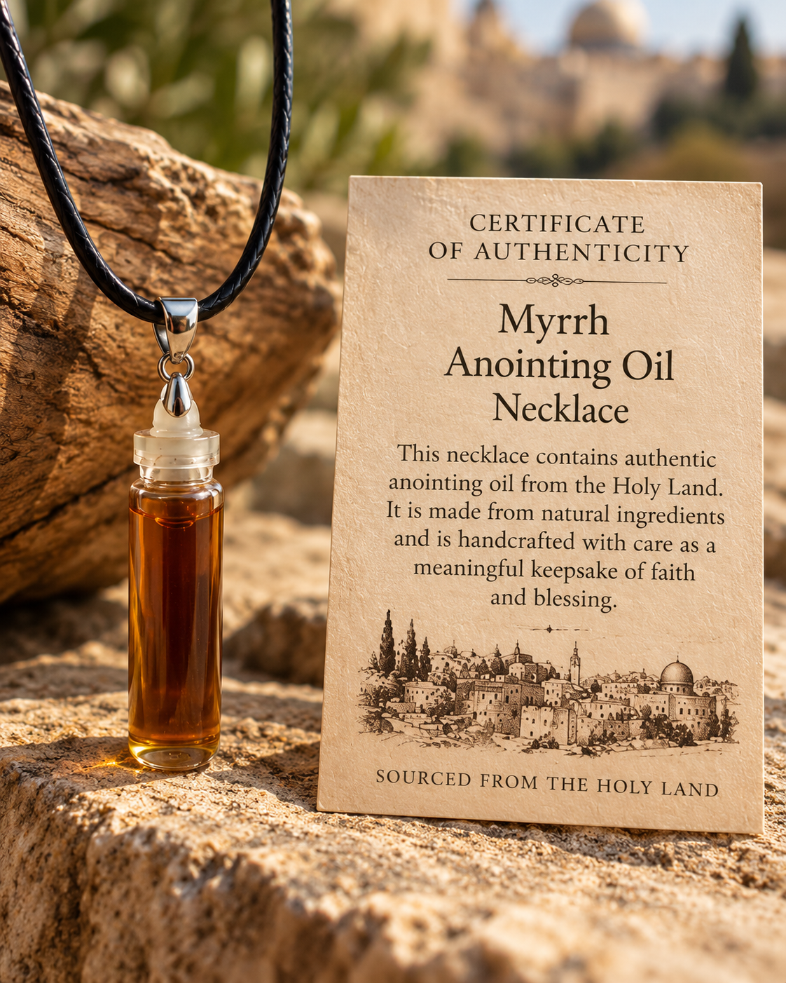 Myrrh anointing oil necklace on a black cord beside its certificate of authenticity
