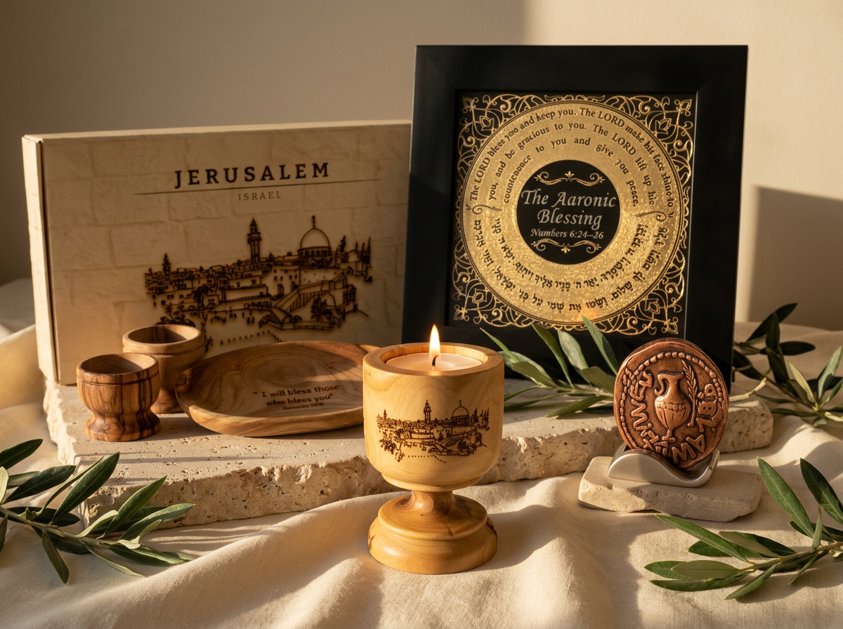 Olive wood and Jerusalem stone Scripture keepsakes lit by warm natural light