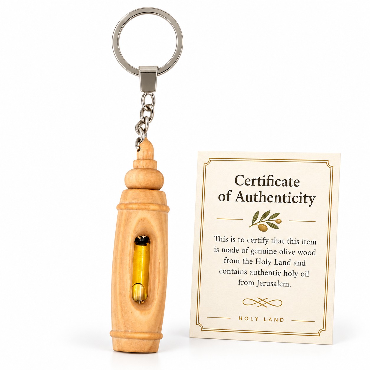 Olive wood anointing oil key chain with certificate of authenticity