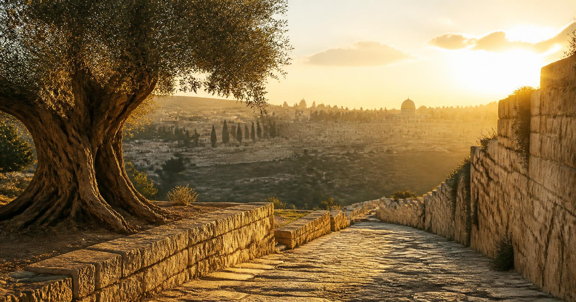 Ancient Jerusalem stone pathway beside an olive tree at golden hour