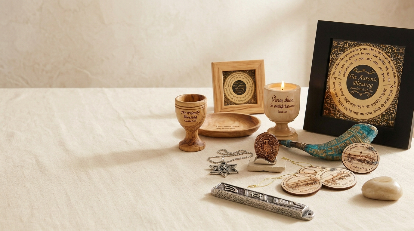 Framed Aaronic Blessing artwork, olivewood communion cup and plate, Scripture candle holder, Hear O Israel mezuzah, biblical coin on Jerusalem stone stand, Lion of Judah keepsake, Jerusalem shofar and olivewood ornaments arranged on ivory linen