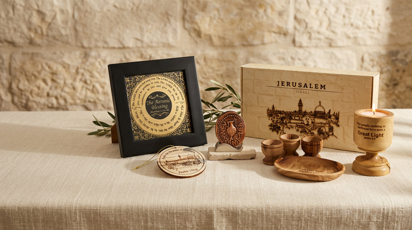 The Priestly Blessing, Genesis 12:3 communion set, biblical coin on Jerusalem stone and olivewood candle holder arranged on ivory linen
