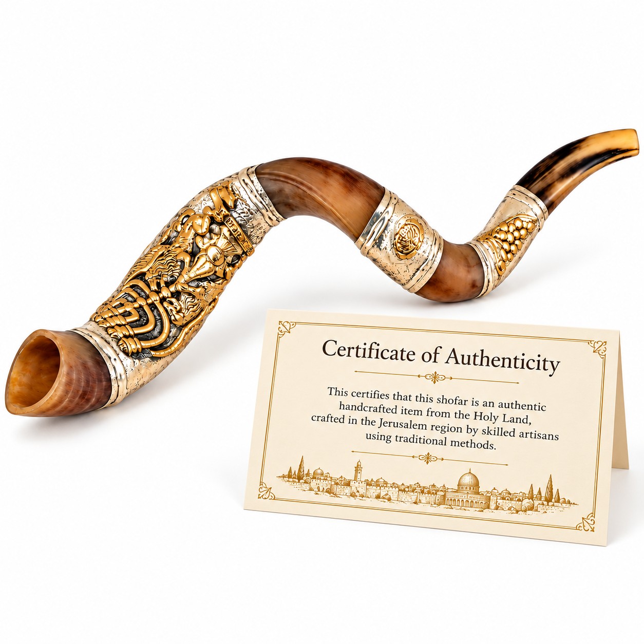 Gold-decorated Yemenite shofar with certificate of authenticity