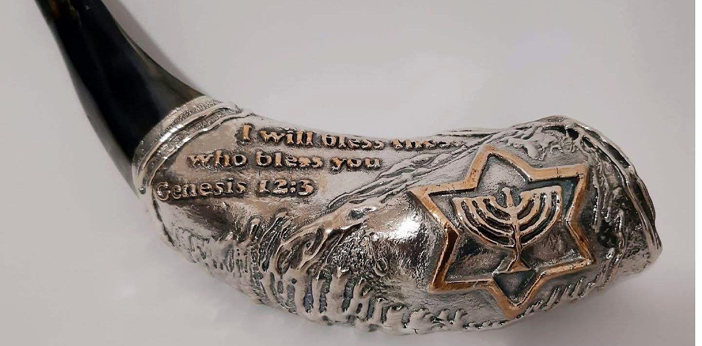 Silver-plated Genesis 12:3 shofar with gold Star of David and menorah